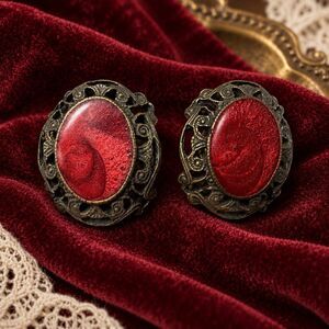 Vintage Red Swirl Cabochon Filigree Pierced Earrings Antiqued Brass Tone
